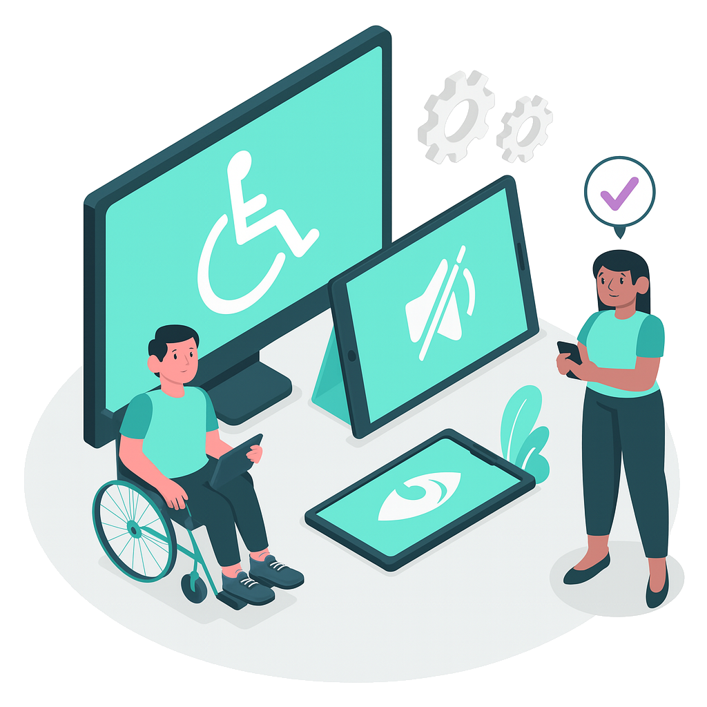 Illustration eines Mannes im Rollstuhl mit Tablet und einer Frau mit Smartphone, umgeben von Symbolen für digitale Barrierefreiheit wie Lautlos-, Screenreader- und Zugangssymbole – Darstellung für Inklusion, digitale Teilhabe und barrierefreies Webdesign.