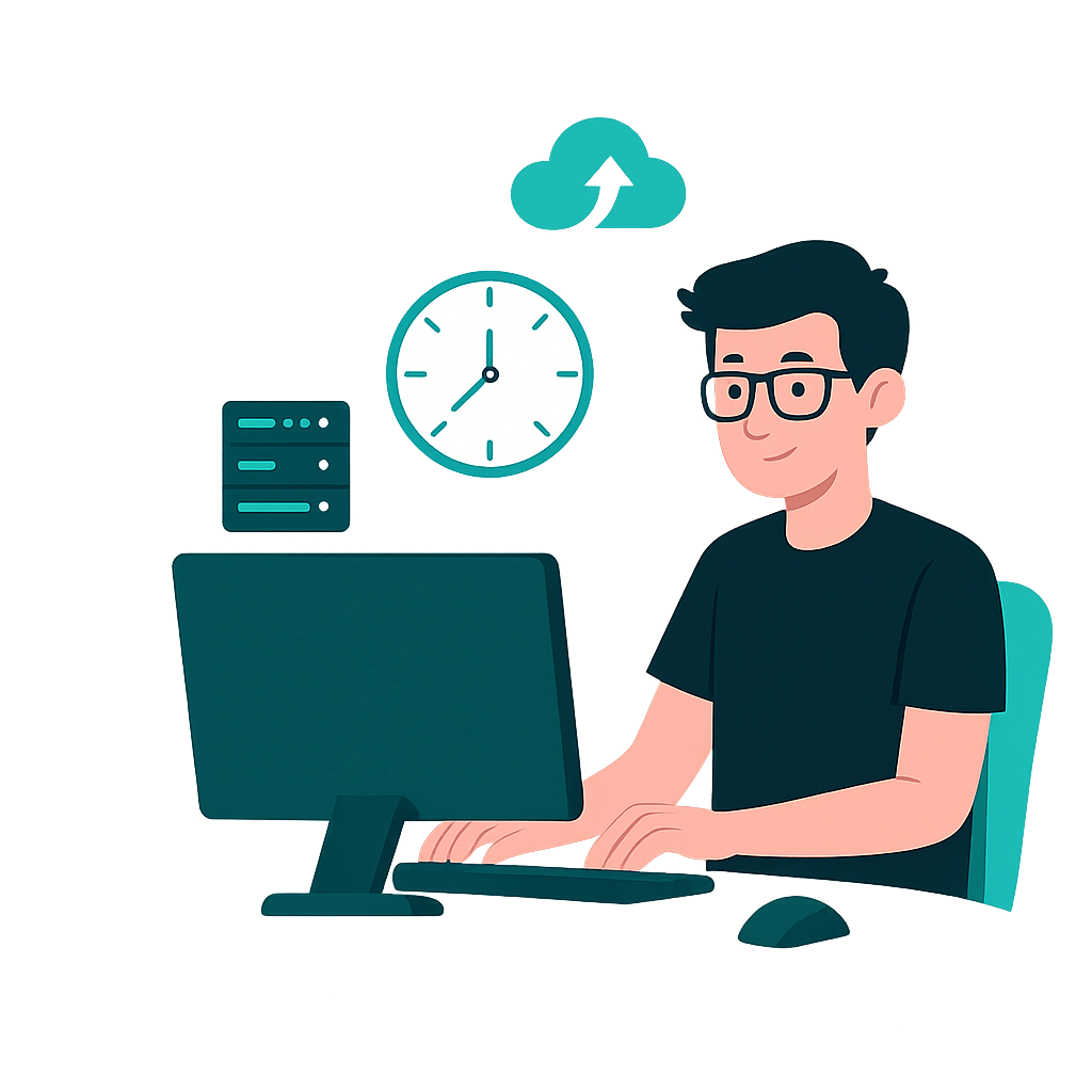 Eine flache digitale Illustration zeigt einen jungen Mann vor einem großen Bildschirm. Er überprüft Einstellungen oder führt Systemwartungen durch. Um ihn herum befinden sich weitere Symbole, die für System- oder Softwarepflege stehen. Das Bild vermittelt den Eindruck von technischer Kontrolle, Updates und Sicherheit in einer digitalen Umgebung.