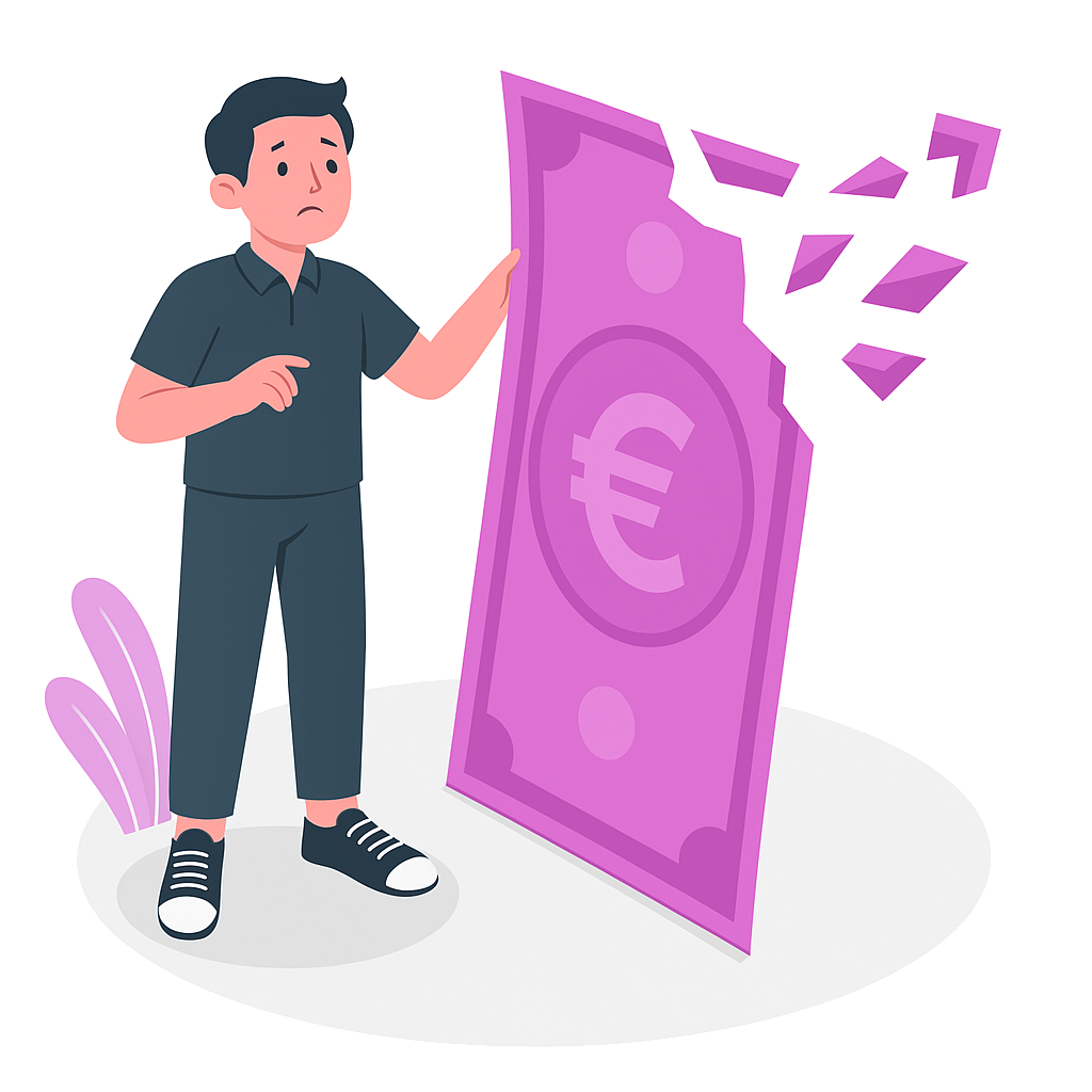 Illustration eines nachdenklichen Mannes, der einen zerbrechenden Euro-Geldschein hält – Symbol für finanzielle Verluste oder unsichere Geldlage.