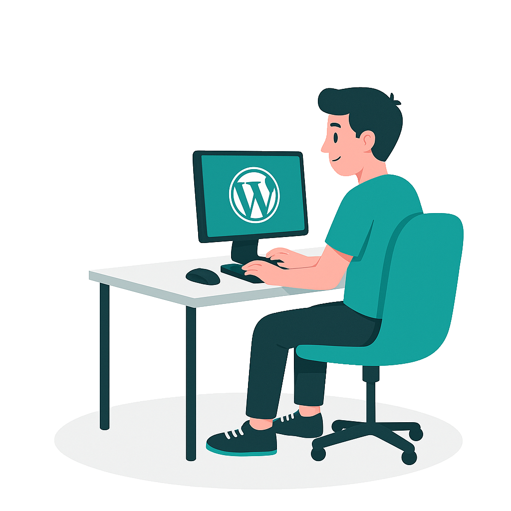 Illustration eines lächelnden Webentwicklers, der an einem Computer mit WordPress-Logo arbeitet. Symbol für persönliche Überzeugung und moderne Webentwicklung mit WordPress.