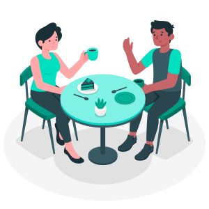 getting-coffee-concept-illustration Zwei Personen im Gespräch bei Kaffee – Symbol für persönliche Betreuung und offene Kommunikation.