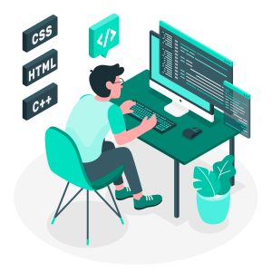 programming-concept-illustration Illustration eines Programmierers, der an einem Schreibtisch vor zwei Monitoren sitzt und Code schreibt. Um ihn herum befinden sich Symbole für Programmiersprachen wie PHP, JavaScript und SQL – Symbol für Webentwicklung und digitales Arbeiten.