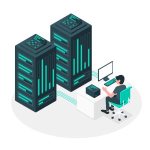 server-concept-illustration Ein Administrator überwacht die Verbindung zwischen Arbeitsplatz und Server – Darstellung für zuverlässiges Hosting und technische Betreuung.