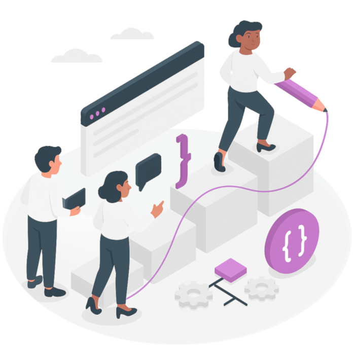 Illustration von drei Personen, die gemeinsam symbolisch eine Treppe nach oben steigen. Eine Person zeichnet mit einem großen Stift eine Aufwärtslinie. Teamarbeit und Zielverfolgung.