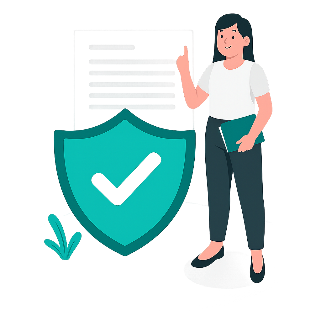 Illustration einer Frau, die auf einem Klemmbrett mit einem Haken Kästchen markiert – rundherum Symbole für Dokumente, Datenschutz und rechtliche Vorschriften. Die Szene symbolisiert rechtliche Anforderungen auf Websites wie Impressum und Datenschutz.
